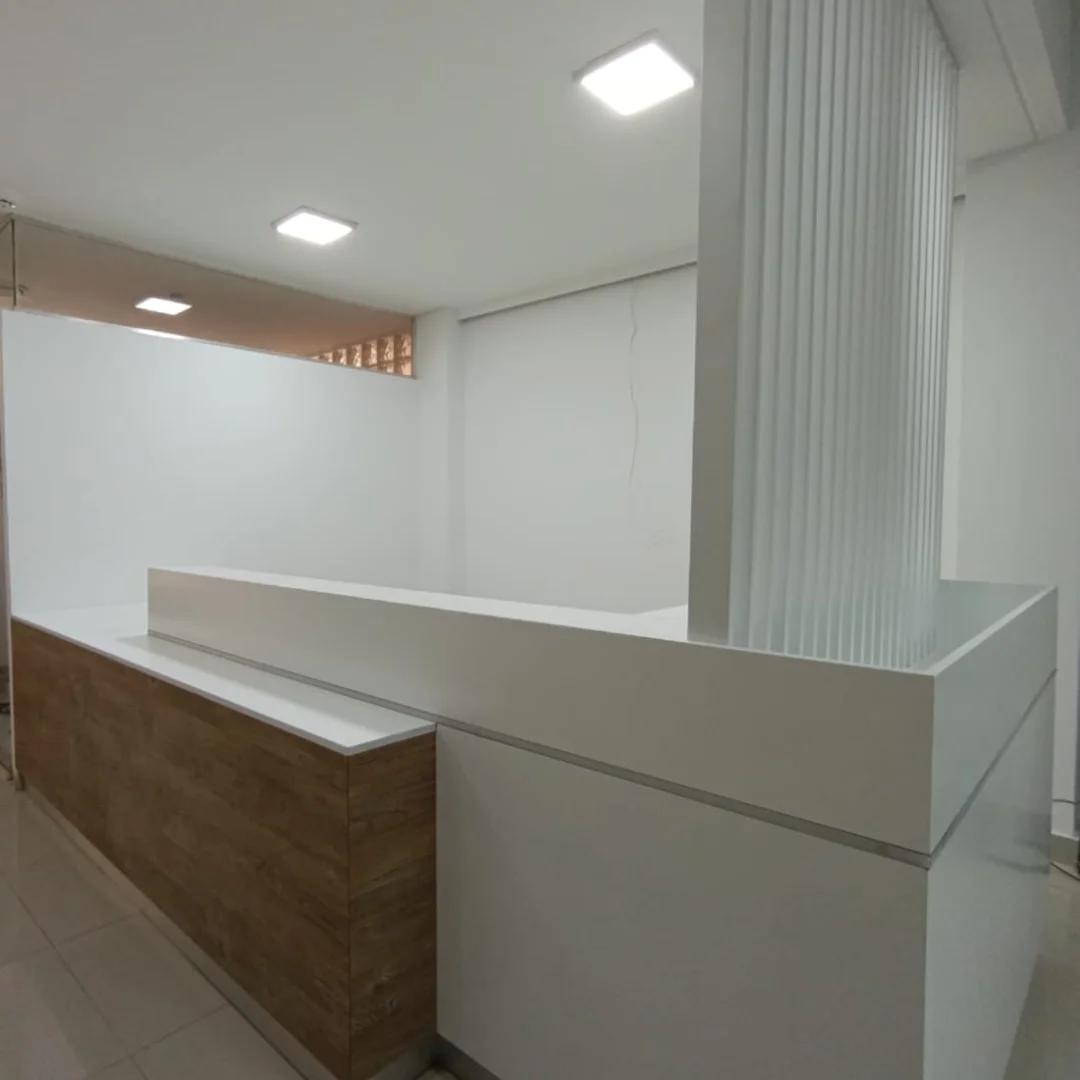 Mostrador — Recepción en blanco y madera